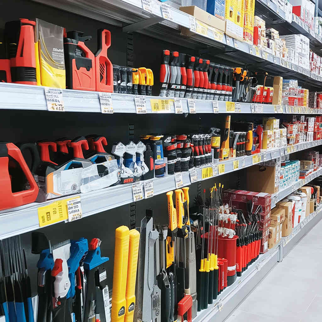 Display rack in a home improvement supermarket, showcasing various household tools