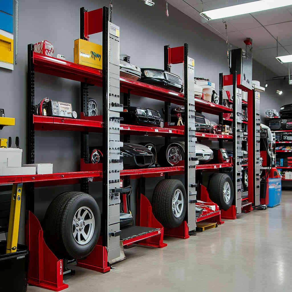 Display rack in an industrial equipment supplier's store, holding heavy machinery parts
