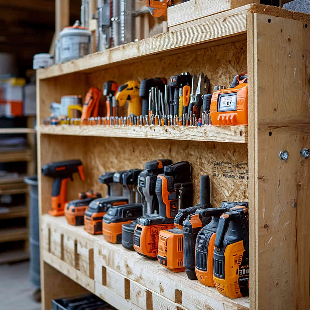 Display rack on a construction site, organizing various hand and power tools